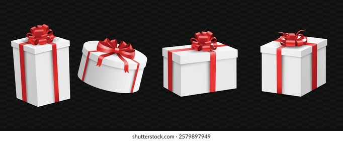 Four elegant white gift boxes with red ribbons and bows, set against a dark checkered background. Perfect for holidays, celebrations, or festive designs.