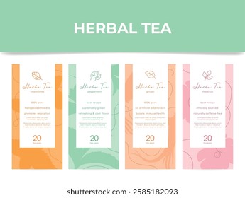 Four elegantly designed labels present different herbal tea varieties, highlighting ingredients and benefits for relaxation and wellness, suitable for any tea enthusiast.