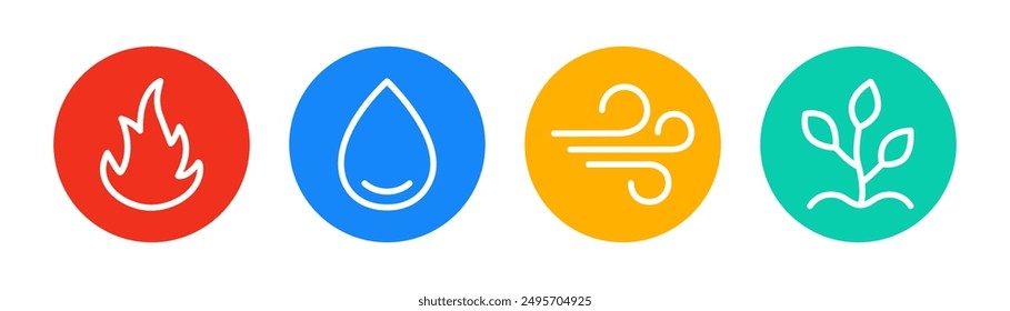 Conjunto de iconos de cuatro elementos. 4 Elementos de poder de la naturaleza. Fuego, agua, tierra y aire. Vector.