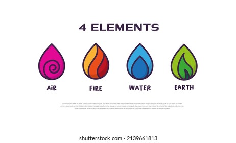 Four element nature icon logo vector. Abstract Wind, Air, fire, water, earth symbol like water drop design concept.