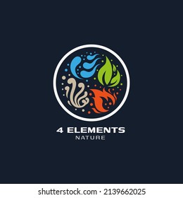 Four element nature icon logo vector. Abstract Wind, Air, fire, water, earth symbol at round circle design concept.