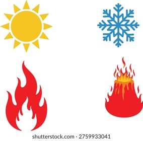 Four elemental icons representing sun, snow, fire, and wildfire Vector