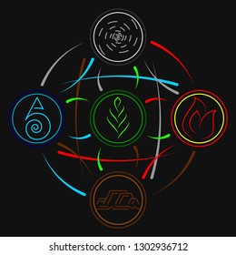 Four elemental of nature and life symbols with energy running through each other in circle