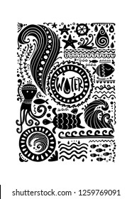 Four elements concept. Water design background. Black silhouette