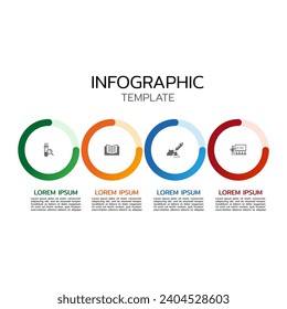 Four elements connected with text boxes by dotted lines with icons, 4 successive steps to project completion concept. Modern infographic design template.