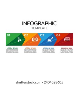 Four elements connected with text boxes by dotted lines with icons, 4 successive steps to project completion concept. Modern infographic design template.