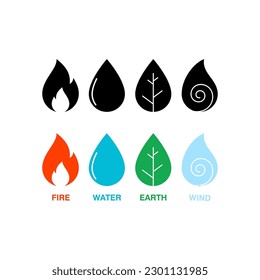 Four Elements (Fire, Air, Water, Earth) Symbols. Circle icon silhouette illustration vector isolated on white background