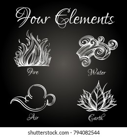 Four elements. Fire, water, air, earth. Set of outline vector illustrations on black background.