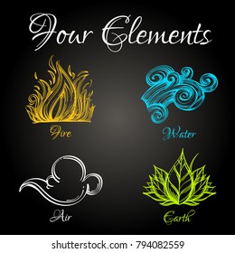 Four elements. Fire, water, air, earth. Set of outline vector illustrations on black background.