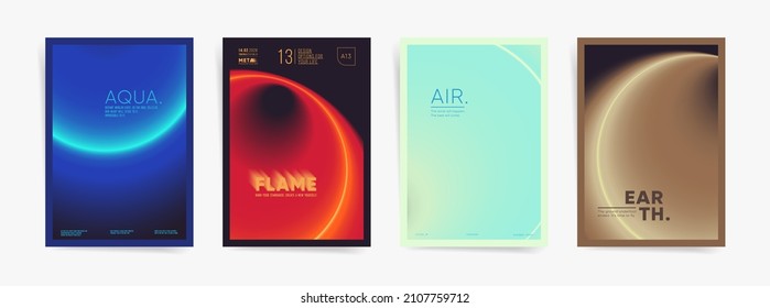 Four elements gradient art poster cover design collection. Brochure template set layouts with fire, water, earth and air pattern. Vector minimal vertical a4 background. Presentation report banners.