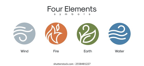 Four elements harmony astrology ecology fire water wind earth icons set vector logo