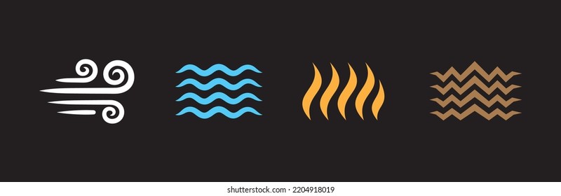 Four elements icon set. Four element energy symbol sets. Wind, air, water, fire flame, earth, land terrain symbols or sign. Graphic design template Simple flat illustrations in black background.