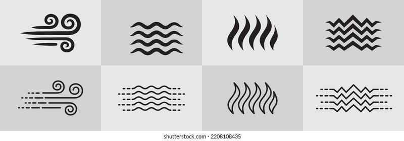 Juego de iconos de cuatro elementos. Cuatro conjuntos de símbolos de energía de elementos. El viento, el aire, el agua, la llama del fuego, la tierra, los símbolos del terreno o la señal. Ilustración de plantilla de diseño gráfico. Estilo sencillo de contorno plano.