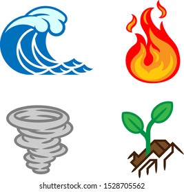 A four elements icon set. Icons each represent a classical element. Earth, water, air and fire.