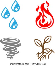 A four elements icon set. Icons each represent a classical element. Earth, water, air and fire.