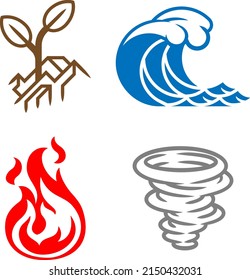 A four elements icon set. Icons each represent a classical element. Earth, water, air and fire.