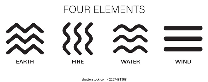 The four elements icons, line symbols. Vector illustrator logo template. Wind, fire, water, earth in flat design ; black and white