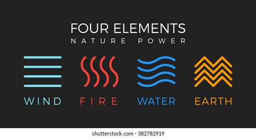 Four elements icons, line symbols. Vector logo template.  Wind, fire, water, earth symbol. Pictograph.