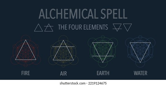 Los cuatro elementos iconos, línea, triángulo y símbolos redondos establecen la plantilla. Dibujo manual vector oculto de agua, tierra, fuego, aire. Pictograma. Símbolos de alquimia colorida aislados en un fondo oscuro.