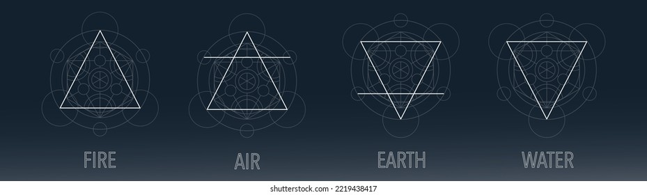 The four elements icons, line, triangle and round symbols set template. Hand drawing occult vector of water, earth, fire, air. Pictograph. Colorful Alchemy symbols isolated on dark background.