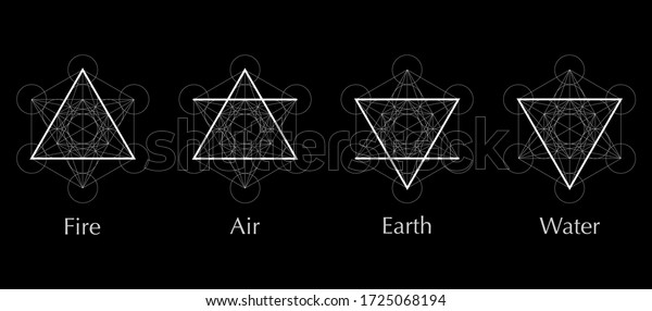 four\
elements icons, line, triangle and round symbols set template. Air,\
fire, water, earth symbol. Pictograph. Alchemy symbols isolated on\
black background. Magic vector decorative\
elements