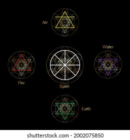 four elements icons and Magic Spirit symbol, Gold round symbols set template. Air, fire, water, earth symbol. Pictograph Alchemy signs isolated on black background. Colorful vector decorative elements