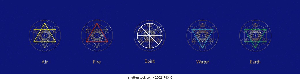 four elements icons and Magic Spirit symbol, Gold round symbols set template. Air, fire, water, earth symbol. Pictograph Alchemy signs isolated on blue galaxy background. Colorful vector elements