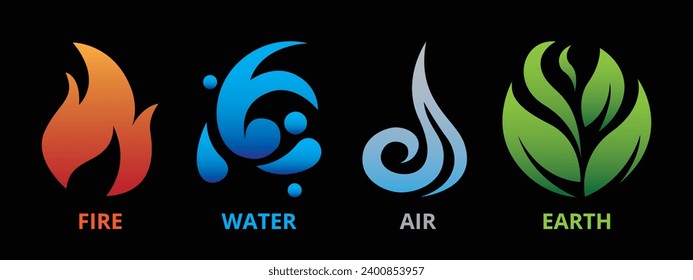 The four elements icons symbols. Vector illustrator logo template. Wind, fire, water, earth in flat design	