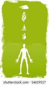 Four elements and man figure with grunge background.