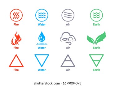 Cuatro elementos de la naturaleza Aire, fuego, agua, tierra. Elementos de la naturaleza - Tierra, Agua, Aire y Fuego, Concepto Natural. Plantilla de logotipo del vector. Concepto de energía natural, sinergia, turismo, viajes