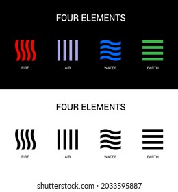 Four Elements of Nature Fire, Air, Water, Earth. Templates for Renewable Energy or Ecology Logos, Emblems, or Cards. Abstract Concept of Alternative Energy Sources on Black and White Background