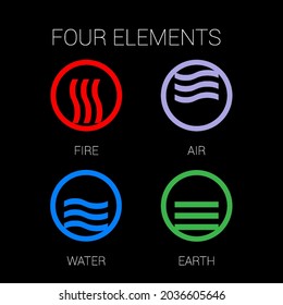 Cuatro elementos de fuego de la naturaleza, aire, agua, tierra. Plantillas para Logotipos, Emblemas o Tarjetas Inscritas en un Círculo de Energía Renovable o Ecología. Concepto abstracto de fuentes de energía alternativas en negro