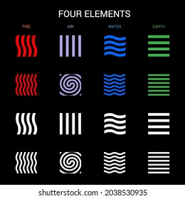 Four Elements of Nature Fire, Air, Water, Earth. Simple Templates for Renewable Ecology Logos, Emblems, or Cards. Abstract Concept of Alternative Energy Sources on Black Background