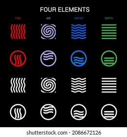 Four Elements of Nature Fire, Air, Water, Earth. Templates for Renewable Energy Logos. Abstract Concept of Alternative Energy Sources on Black