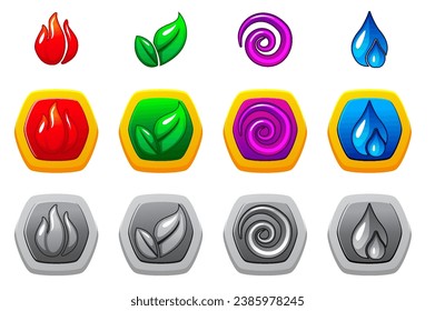 The four elements of nature - fire, air, earth, and water in different variants and colors. Set of icons for the game