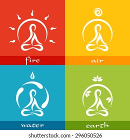 four elements of nature: fire, air, water, earth - simple flat designed icons in yoga style