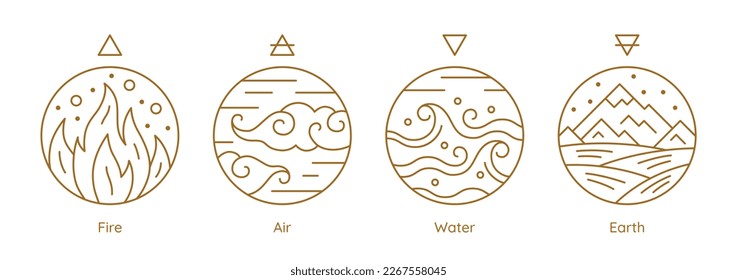 Four elements of nature golden alchemical symbols set. Water, fire, earth, air golden sacred magic signs thin line vector illustration on white background