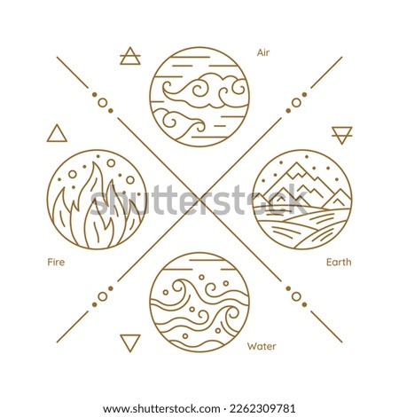 Four elements of nature golden sacred magic signs. Water, fire, earth, air signs thin line vector illustration on white background