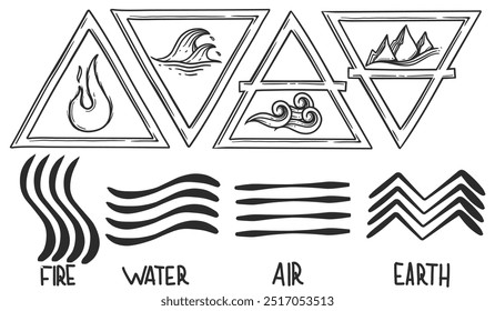 Quatro elementos da natureza símbolos de potência desenhados à mão. 4 elementos da tatuagem de poder da natureza. Projeto de ilustração vetorial de sinais de triângulo de borda terra, água, ar e fogo.