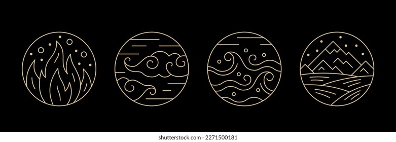 Four elements of nature round alchemy symbols set. Water, fire, earth, air golden signs thin line vector illustration on dark blue background