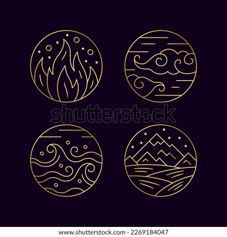 Four elements of nature thin line symbols set. Water, fire, earth, air golden signs vector illustration on dark blue background