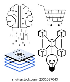 Cuatro Elementos sobre fondo blanco. Cerebro de IA con código binario, Carrito de compras, red blockchain y bombilla con capas de circuitos. Ideal para tecnología, IA, blockchain, comercio electrónico y temas de innovación