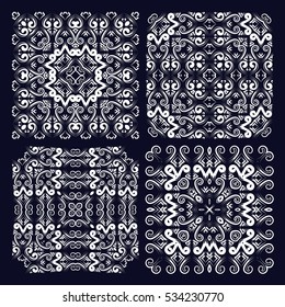 The four elements of the openwork pattern for the creation and execution of design works, white pattern on a black background. Vector