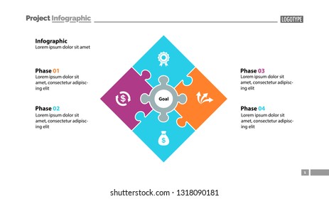 Four elements process chart slide template. Business data. Plan, goal, design. Creative concept for infographic, presentation, report. Can be used for topics like marketing, finance, teamwork.
