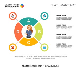 Four elements process chart template for presentation. Business data. Diagram, graphic. Plan, workflow, management, finance or marketing creative concept for infographic, project layout.