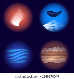 four elements set - fire, air wind, water, earth. power of nature in simple concept on dark blue background. vector eps10