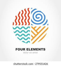 Four elements simple line symbol in circle shape. Vector logo design template. Abstract concept for nature energy, synergy, tourism, travel, business. Fire, air, water and earth sign.