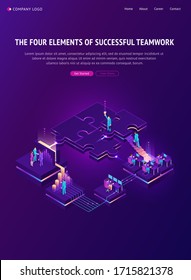 Four elements of successful teamwork banner. Vector infographic of business organization, team work success with isometric people, graph and puzzle icons