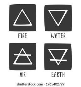 Four elements symbol set. Alchemy pictographs of Air, Fire, Water and Earth isolated on transparent background. Minimalistic caption icons. Vector shabby hand drawn illustration