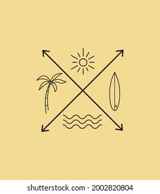 The four elements are waves, surfboard, palm and sun